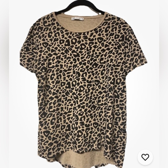 Zara Tan Black Cheetah Leopard Short Sleeve Scoop Neck Loose Top Size S - Picture 5 of 5